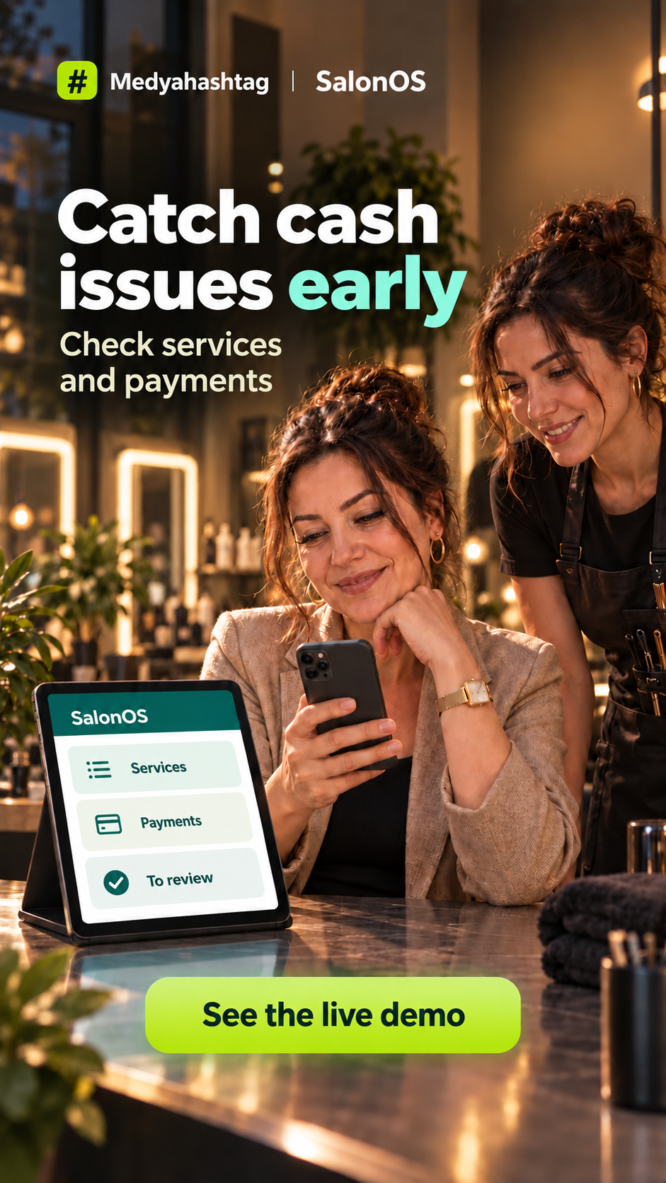 Illustrative visual: services, payments and records to review in one flow