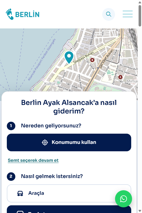 Berlin Ayak Alsancak live directions page screenshot showing the map and route choices