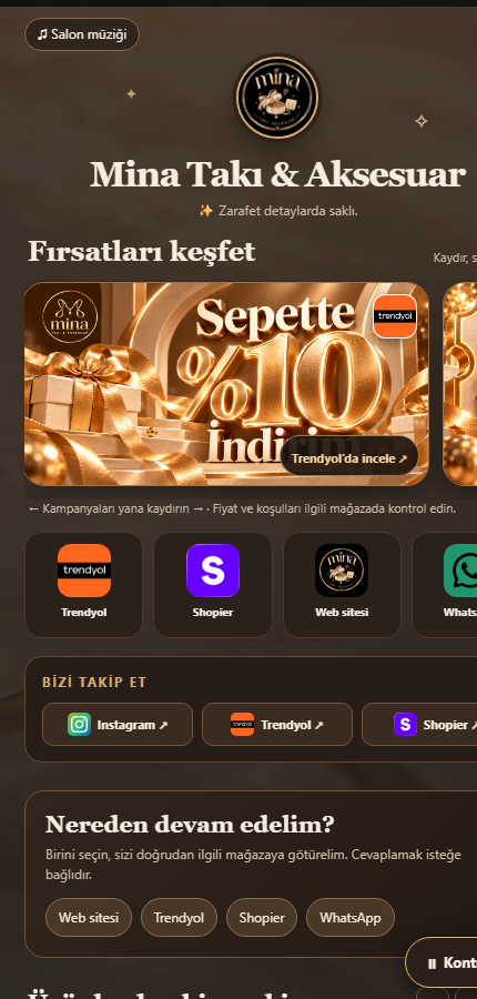 Mina Takı & Aksesuar live page screenshot showing campaign and sales links